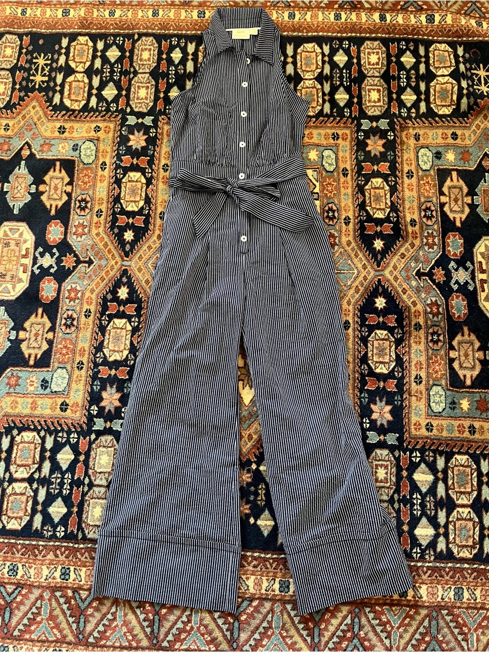 Maeve Anthropologie Navy pinstripe button down Sleeveless Wide-Leg Jumpsuit 4 - Picture 2 of 10